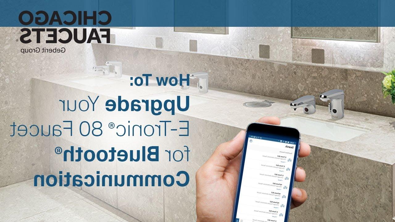 image of restroom faucets and hand holding smartphone with CF连接 app open